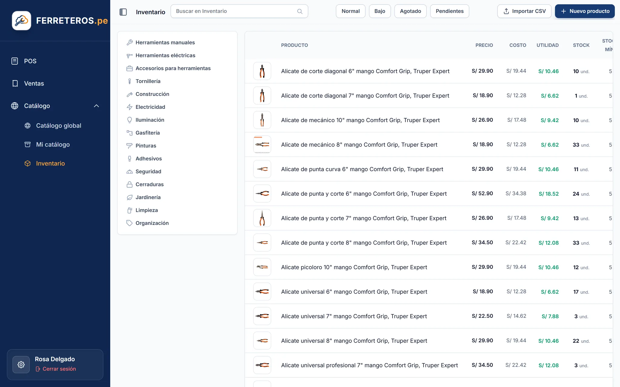 Listado de inventario con precios y stock