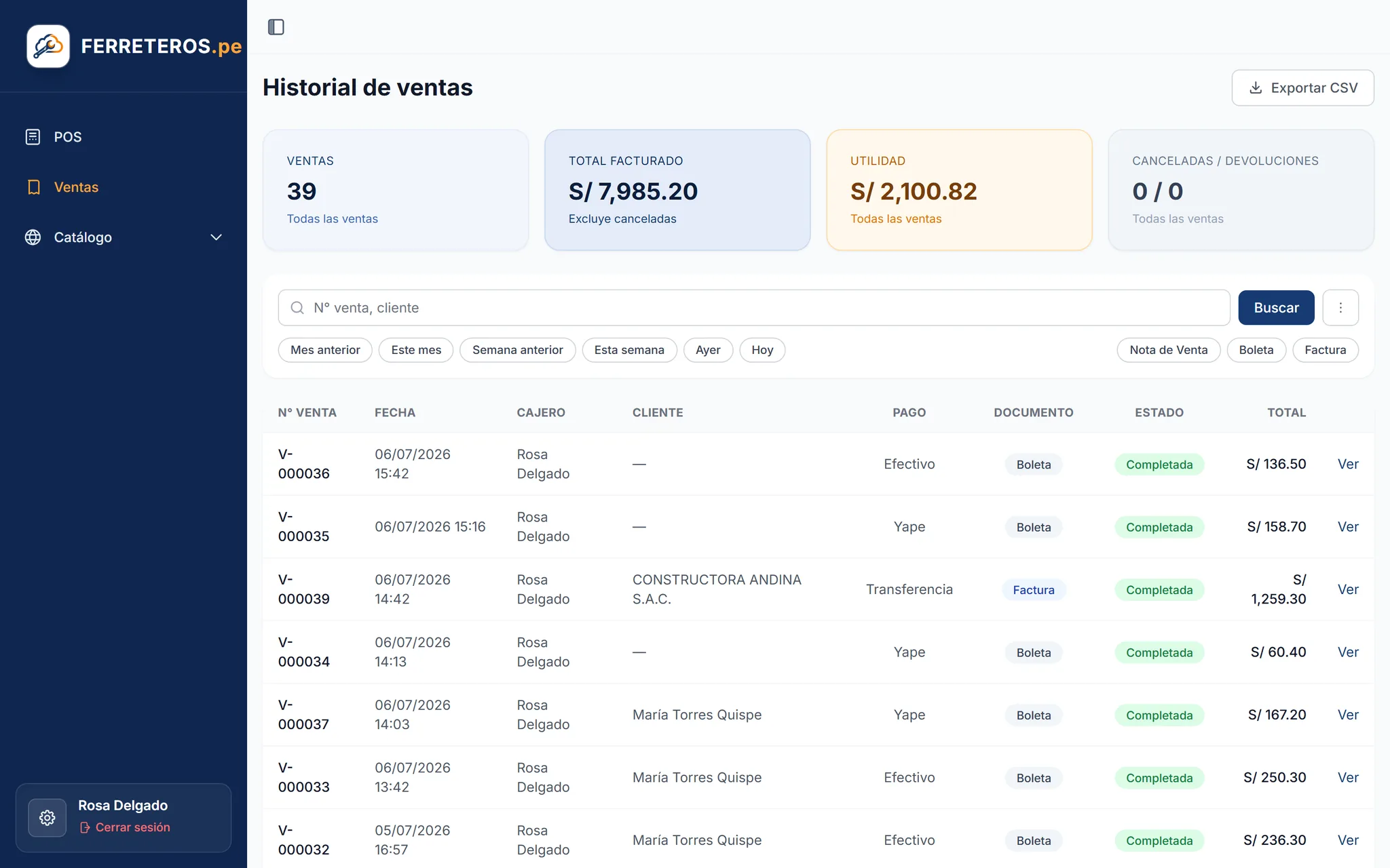 Historial de ventas con tipo de documento